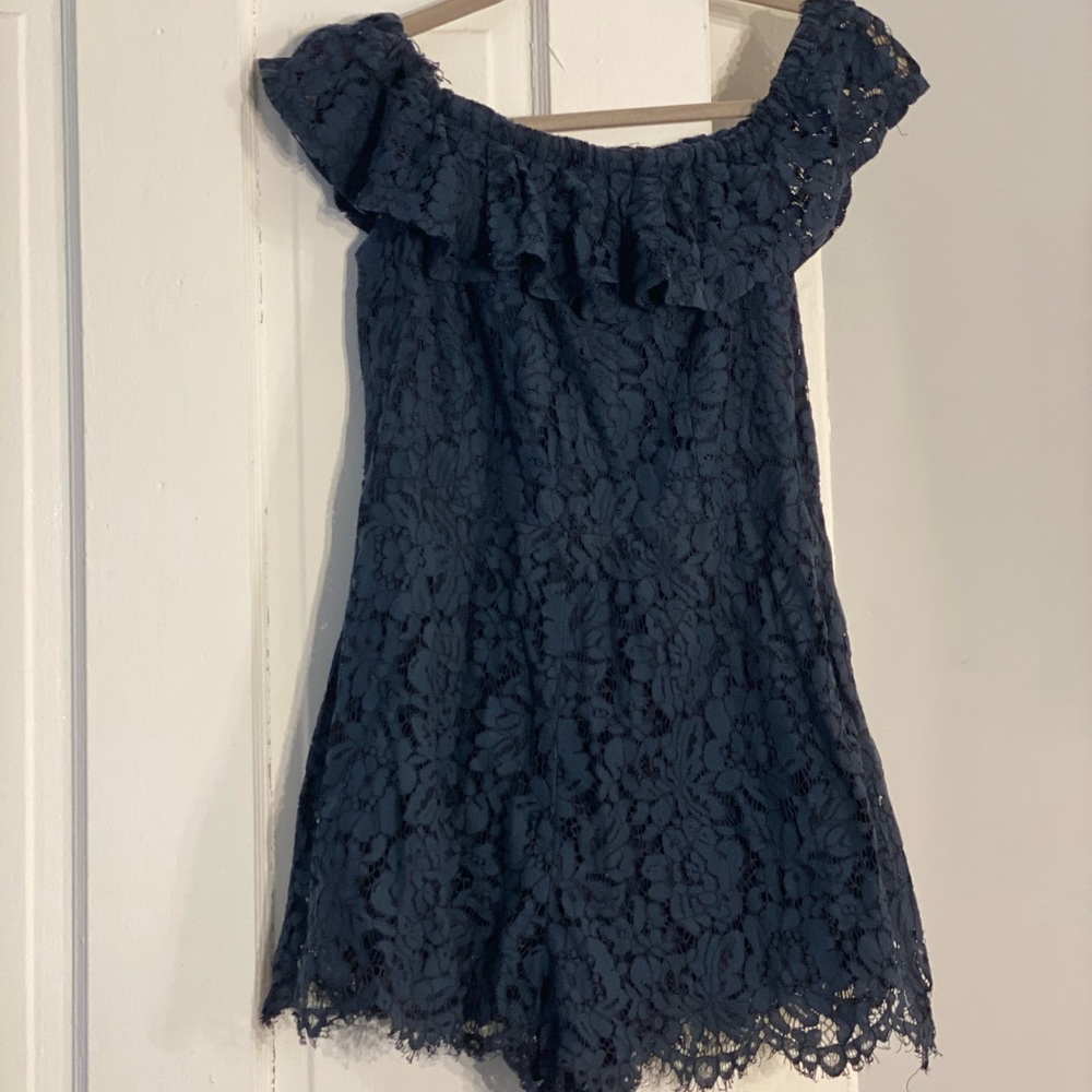 Navy blue off the shoulder laced romper